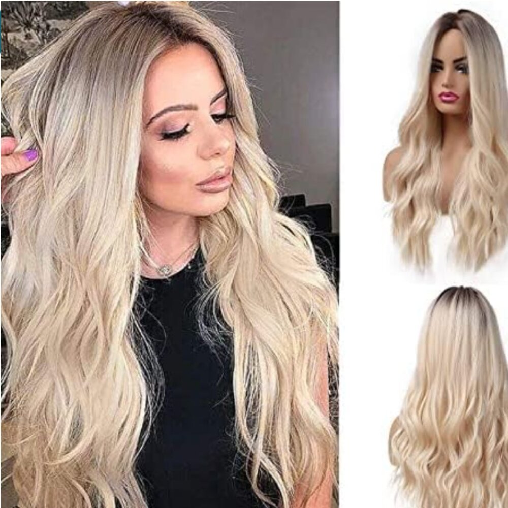 Womens 💗 Blonde And Brown Synthetic Ombre 26" Long Wavy Breathable Cap Wig 💗 - Picture 5 of 16